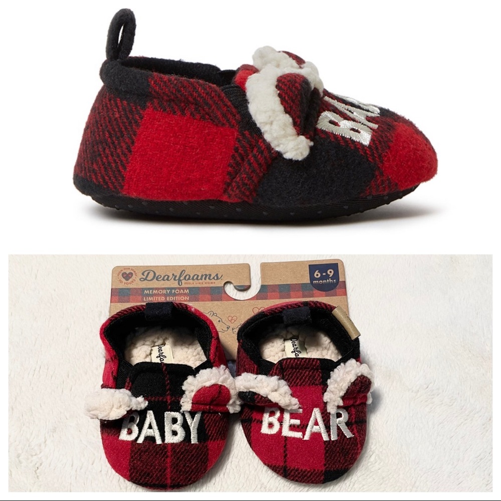 New Dearfoams Baby Cozy Buffalo Plaid Sherpa Baby Bear Slippers